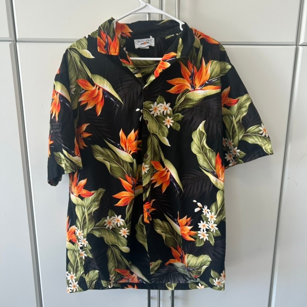 Pacific Legend Hawaiian Shirt Mens XL Black Bird of Paradise Cotton Made in USA‎
